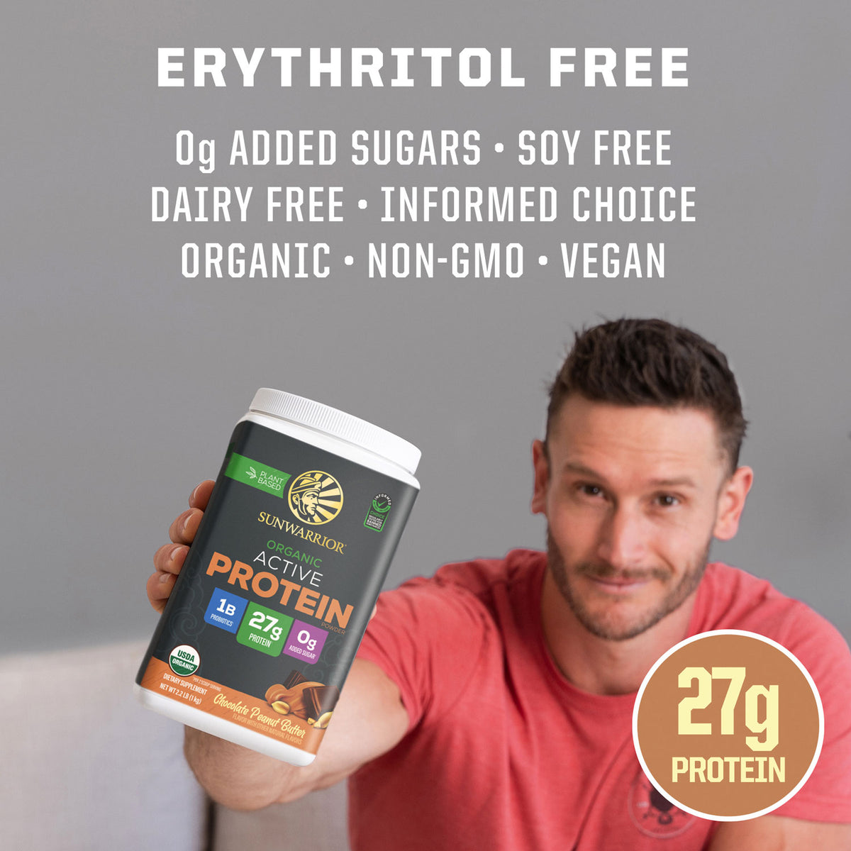 Man in red shirt holding Sunwarrior organic active protein powder container with nutrition highlights visible