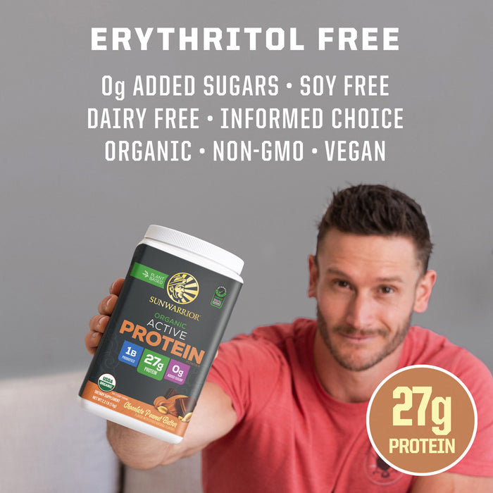 Man in red shirt holding Sunwarrior organic active protein powder container with nutrition highlights visible