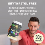 Man in red shirt holding a container of Sunwarrior Organic Active Protein with nutrition highlights above.