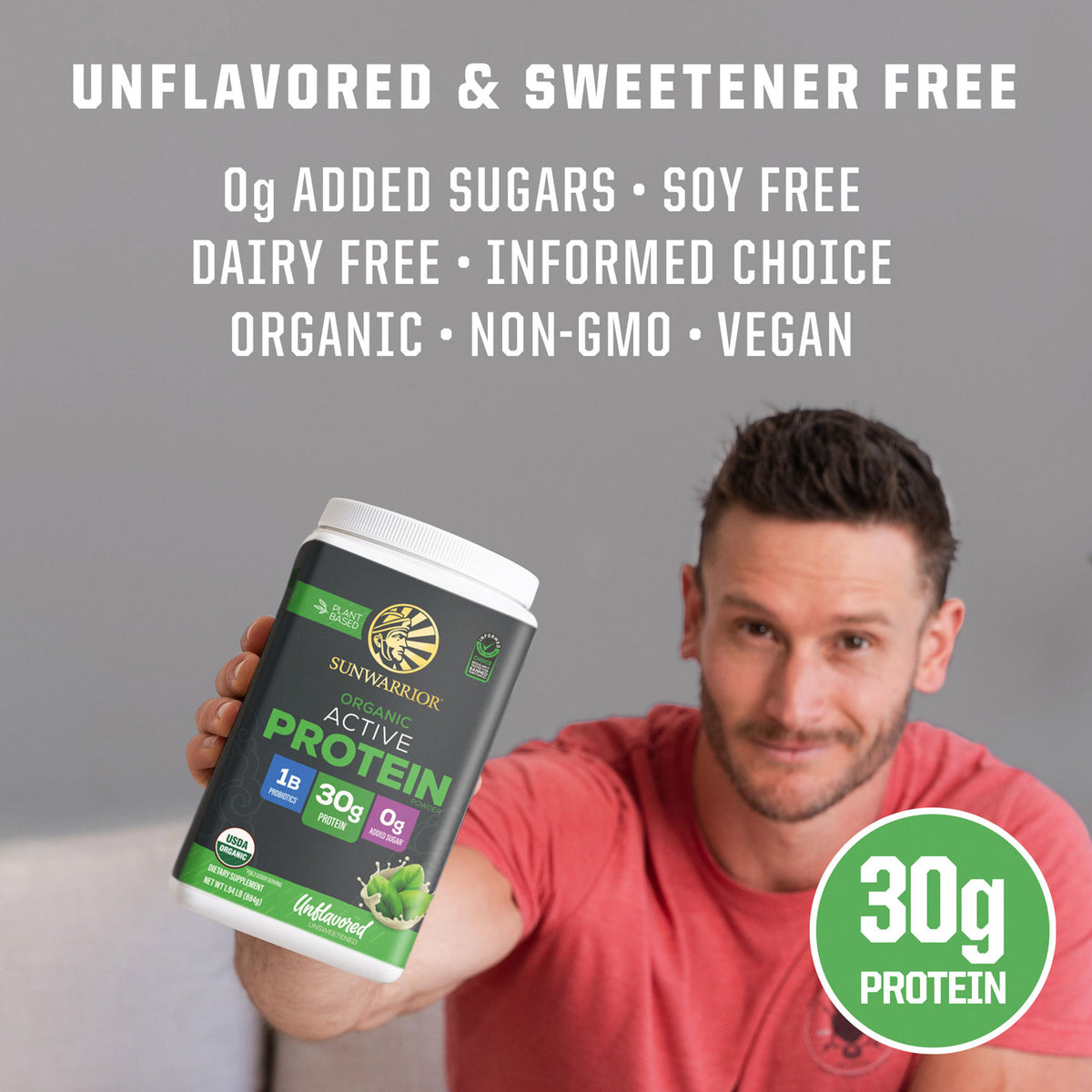 Man holding container of Sunwarrior organic active plant-based protein powder with nutrition details visible