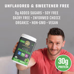 Man holding container of Sunwarrior organic active plant-based protein powder with nutrition details visible