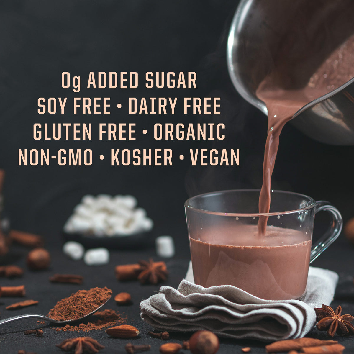 Hot chocolate being poured into a glass mug with health benefits text on a dark background
