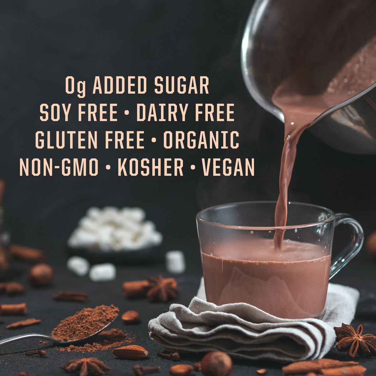 Hot chocolate being poured into a glass mug with health benefits text on a dark background