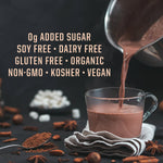 Hot chocolate being poured into a glass mug with health benefits text on a dark background