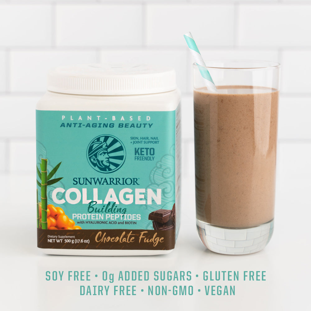 Sunwarrior collagen container with chocolate fudge protein powder and a chocolate smoothie in a glass
