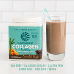 Sunwarrior collagen container with chocolate fudge protein powder and a chocolate smoothie in a glass