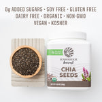 Sunwarrior harvest chia seeds container with a bowl of chia seeds on a white background