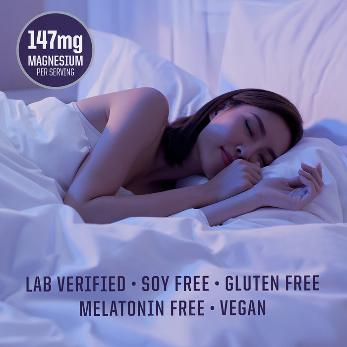 Woman peacefully sleeping on white bed with text highlighting 147mg magnesium and product free-from attributes