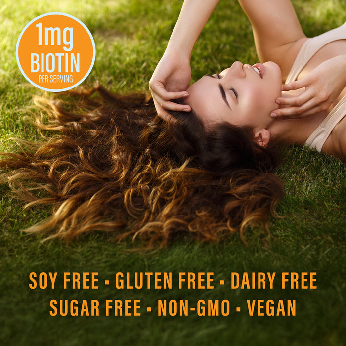 Woman lying on grass with long hair spread out and wellness claims displayed on image