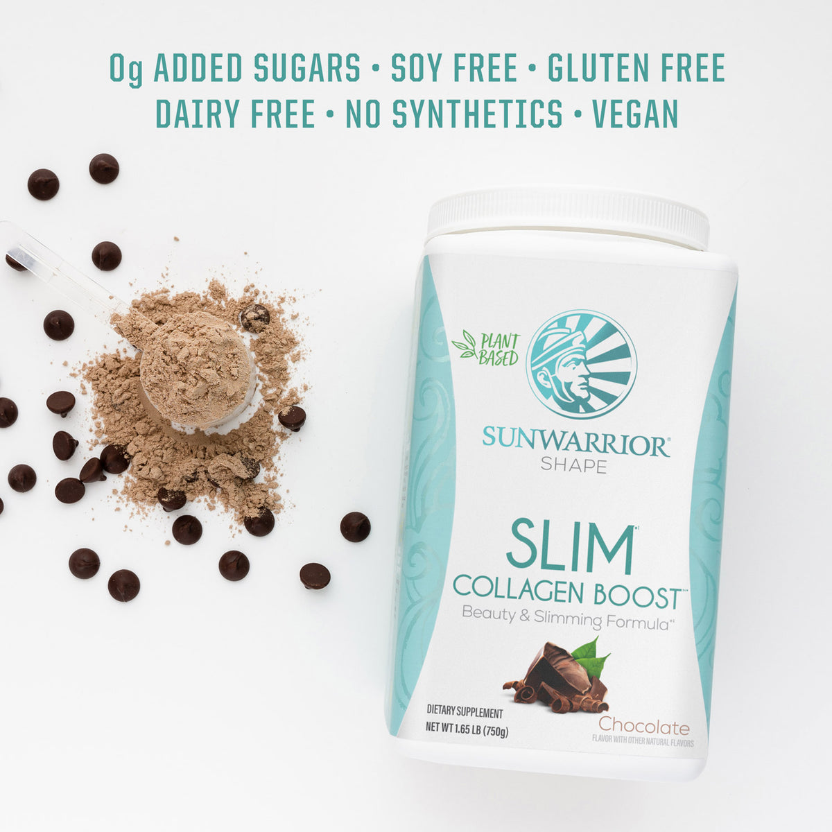 Sunwarrior Slim Collagen Boost package with chocolate powder and chocolate chips on a white background