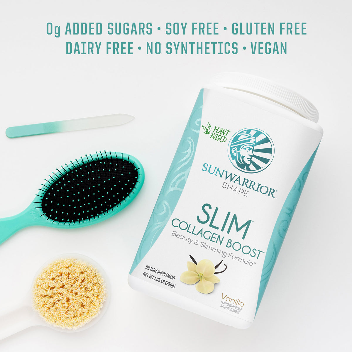 Sunwarrior Slim Collagen Boost container with a brush and sponge on a white background