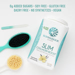 Sunwarrior Slim Collagen Boost container with a brush and sponge on a white background