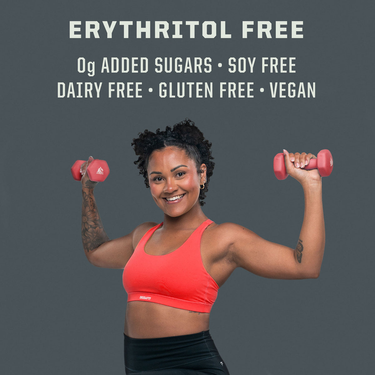 Smiling woman in red sports bra lifting pink dumbbells with dietary free-from claims above