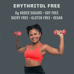 Smiling woman in red sports bra lifting pink dumbbells with dietary free-from claims above
