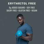 Man in blue shirt lifting a 20-pound blue dumbbell with text above stating erythritol free, 0g added sugars, soy free, dairy free, gluten free, and vegan.
