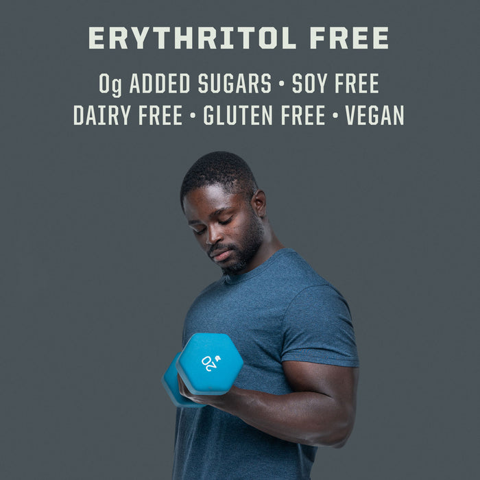 Man in blue shirt lifting a 20-pound blue dumbbell with text above stating erythritol free, 0g added sugars, soy free, dairy free, gluten free, and vegan.