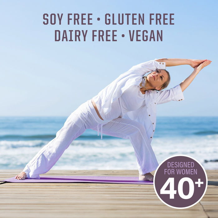 Woman in white doing yoga stretch on beach with text about soy, gluten, dairy free and vegan options