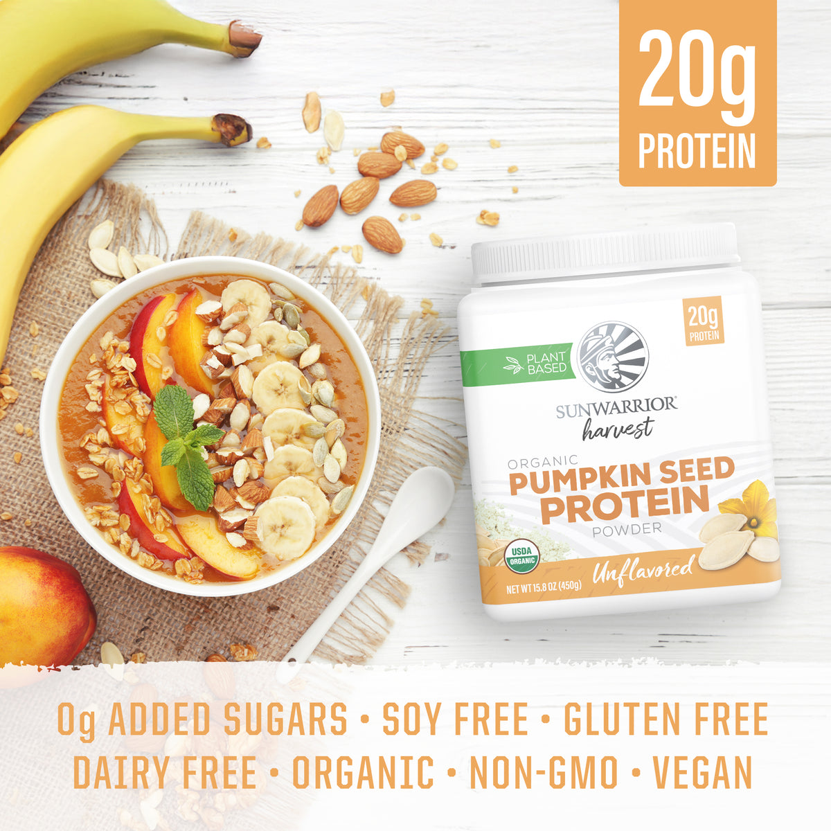Sunwarrior pumpkin seed protein powder container with smoothie bowl, bananas, almonds, and peach slices nearby