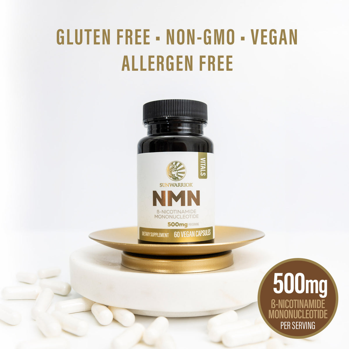 NMN bottle with white background and text highlighting allergen-free and vegan properties