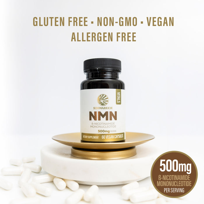 NMN bottle with white background and text highlighting allergen-free and vegan properties