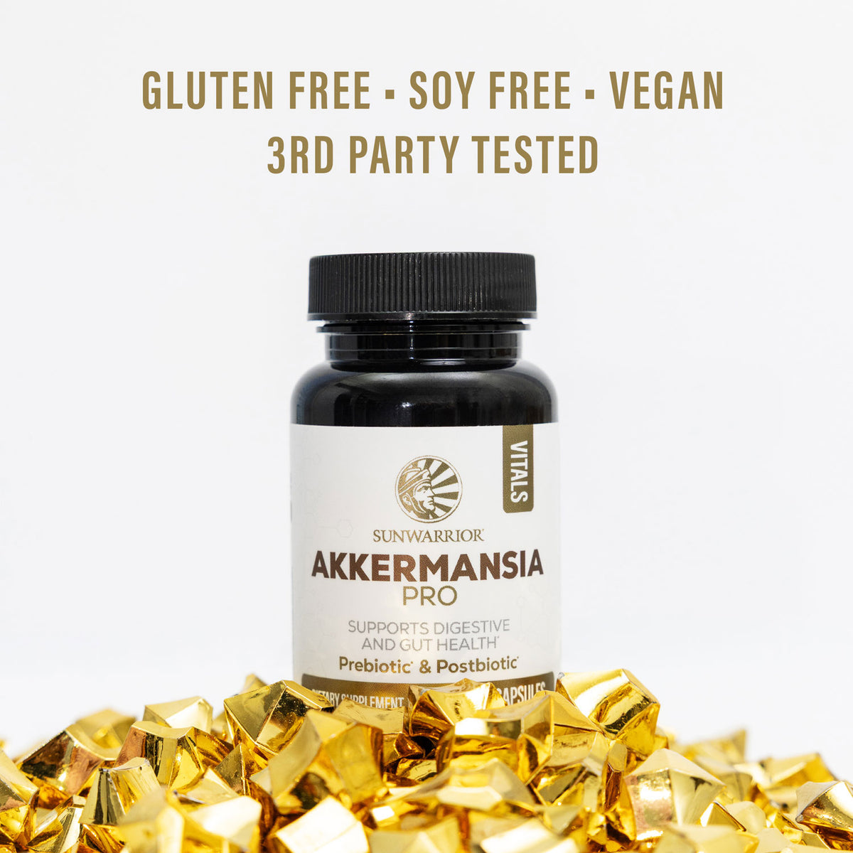Sunwarrior Akkermansia Pro supplement bottle with gluten free, soy free, vegan, and third-party tested labels.