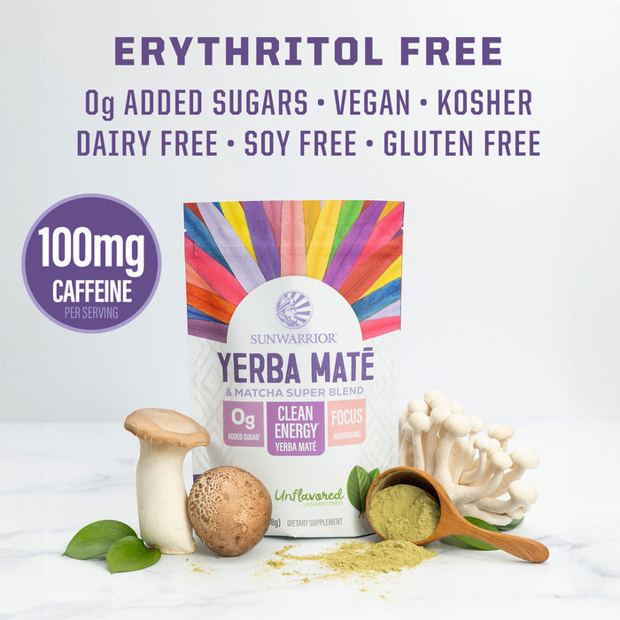 Sunwarrior Yerba Mate package with mushrooms and green powder highlighting caffeine and free-from claims