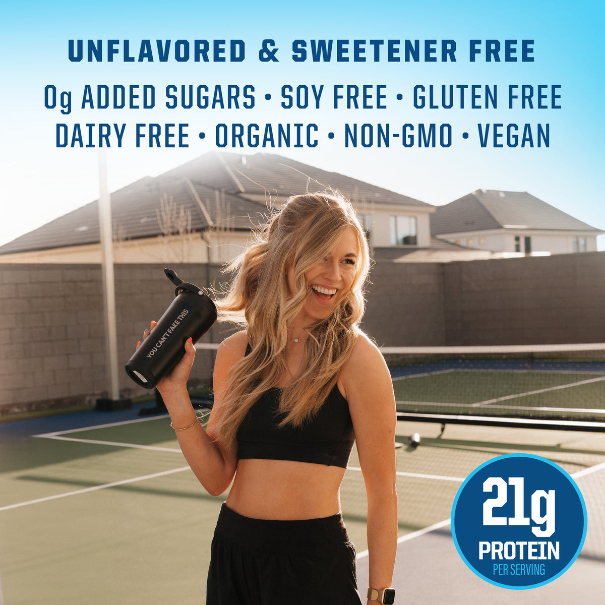 Woman in sportswear holding a shaker on tennis court with vegan protein benefits listed above
