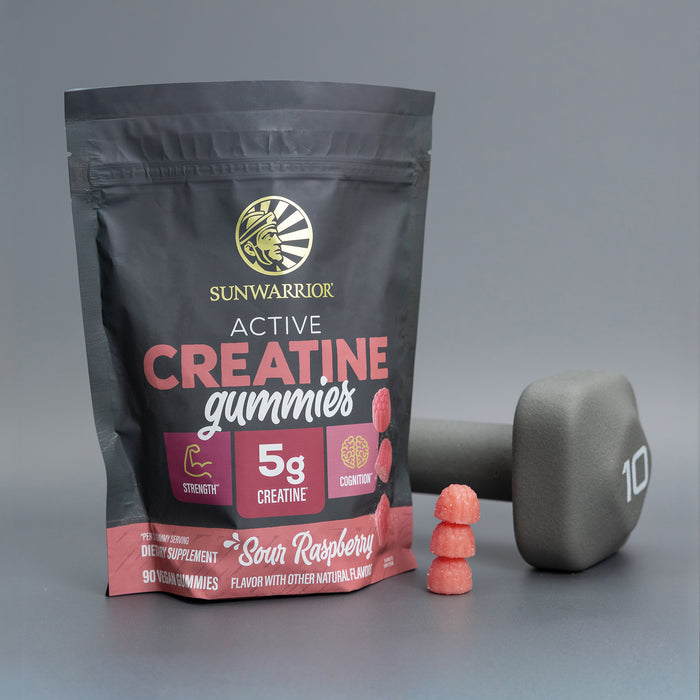 Sunwarrior creatine gummies pouch with stacked sour raspberry gummies and a 10-pound gray dumbbell.