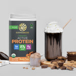 Container of plant-based organic chocolate peanut protein powder with a chocolate smoothie topped with whipped cream