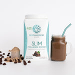 Sunwarrior Slim Collagen Boost container with a chocolate shake, chocolate chips and powder on a white background