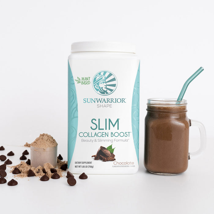 Sunwarrior Slim Collagen Boost container with a chocolate shake, chocolate chips and powder on a white background