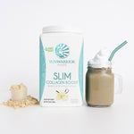 Sunwarrior Slim Collagen Boost container with a vanilla shake and vanilla powder on a white background