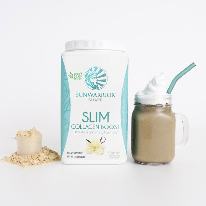 Sunwarrior Slim Collagen Boost container with a vanilla shake and vanilla powder on a white background