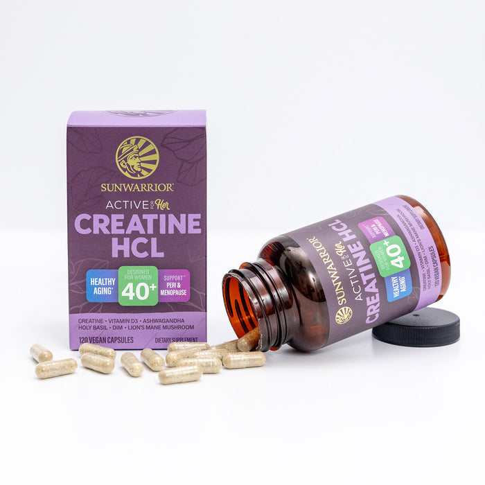 Sunwarrior Active for Her Creatine HCL supplement bottle spilled with capsules and purple box nearby