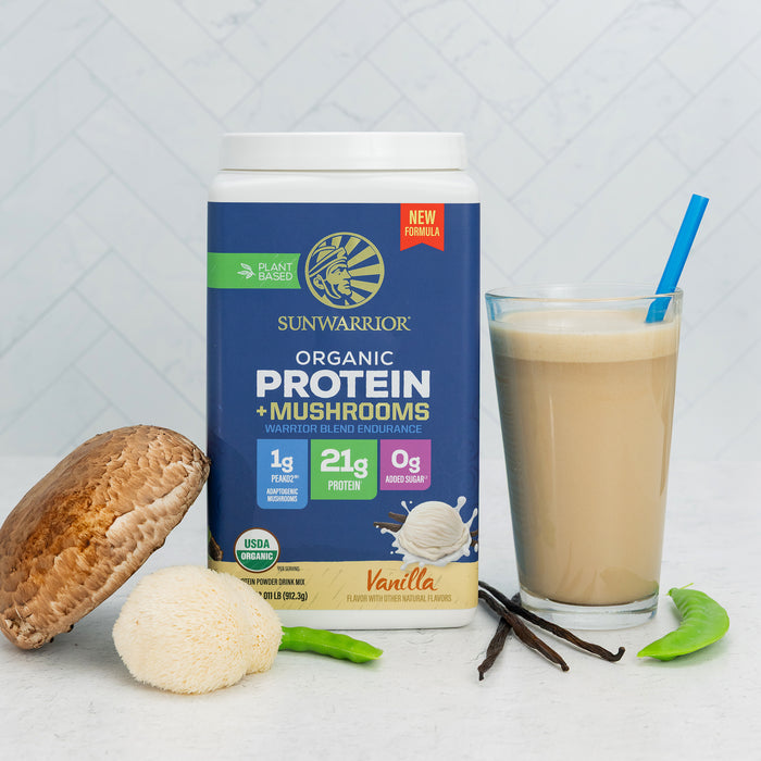 Container of organic vanilla plant-based protein powder with mushrooms and a prepared vanilla smoothie