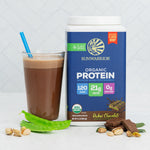 Sunwarrior organic plant-based protein powder with chocolate smoothie, chocolate pieces, and pistachios nearby
