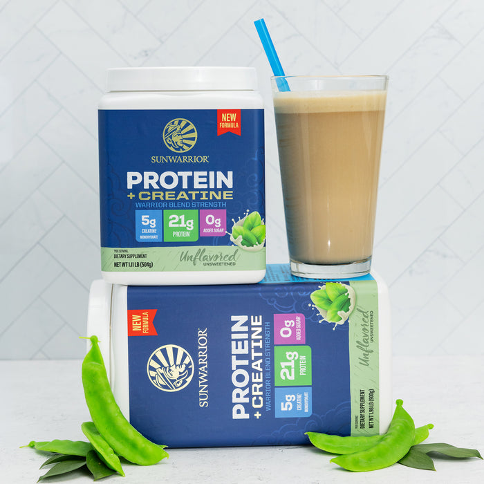 Sunwarrior unflavored protein and creatine powder container with smoothie and pea pods on white surface