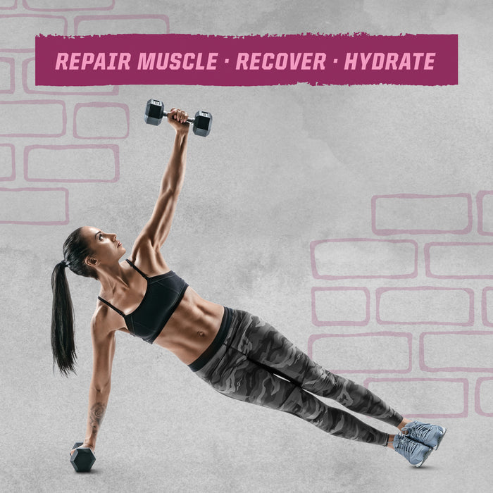 Fit woman in workout clothes holding a dumbbell in a side plank pose with fitness text above