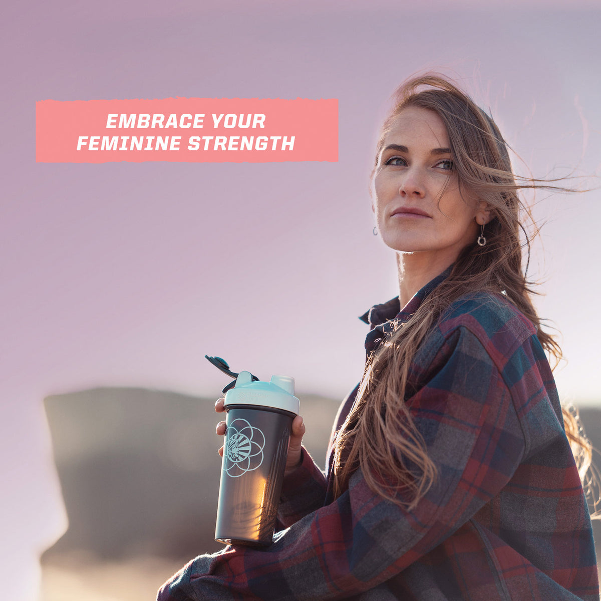 Woman outdoors holding a shaker bottle with text 