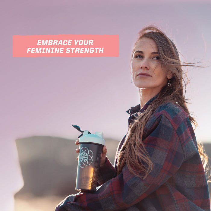 Woman outdoors holding a shaker bottle with text 