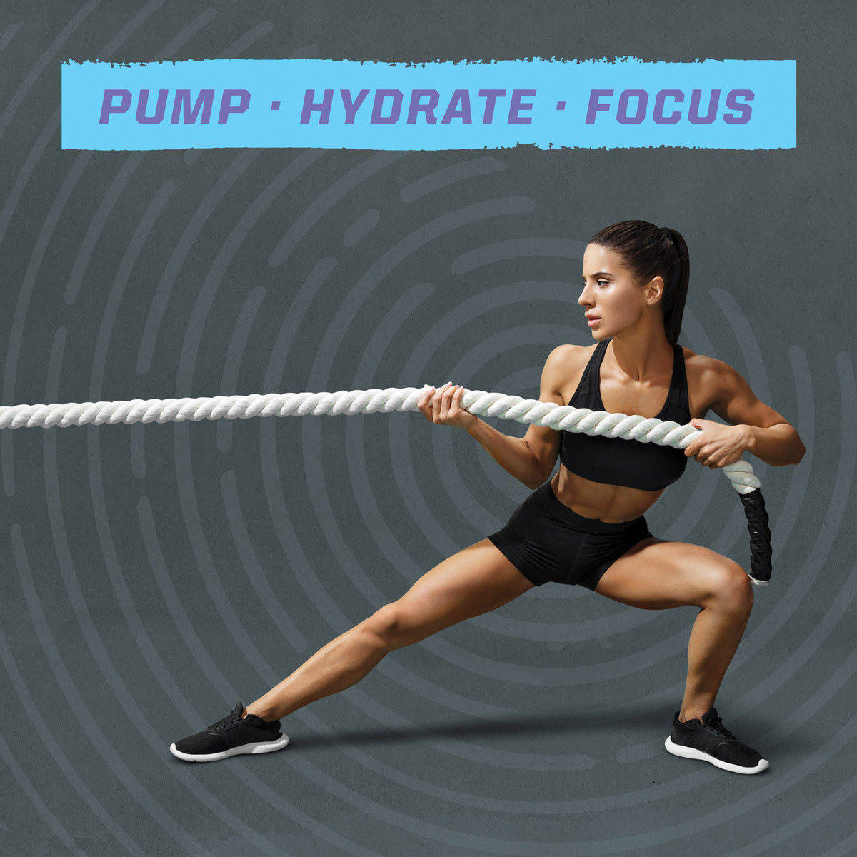 Athletic woman in black sportswear performing a side lunge while pulling a thick battle rope against a gray background with the words 