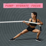 Athletic woman in black workout clothes performing a wide side lunge while gripping a thick rope against a gray patterned background with the words 