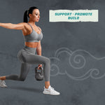 Woman in gray workout clothes doing a kettlebell lunge against a gray background with text.
