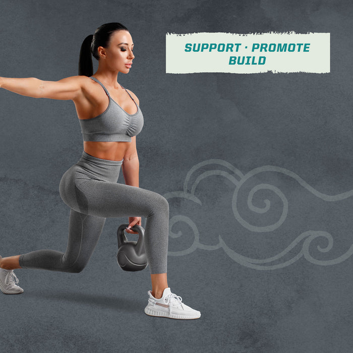 Woman in gray workout clothes doing a kettlebell lunge against a gray background with text.