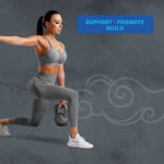 Woman in gray workout clothes performing a kettlebell lunge with text support promote build nearby