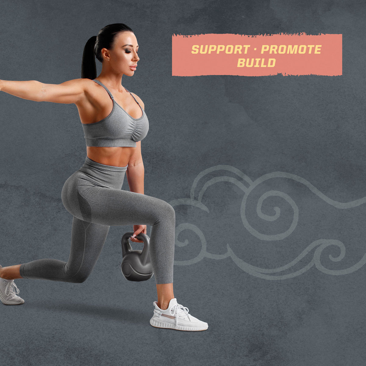 Woman in gray activewear performing a kettlebell lunge exercise against a gray background