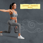 Woman in gray workout clothes performing a kettlebell lunge with fitness motivational text on gray background