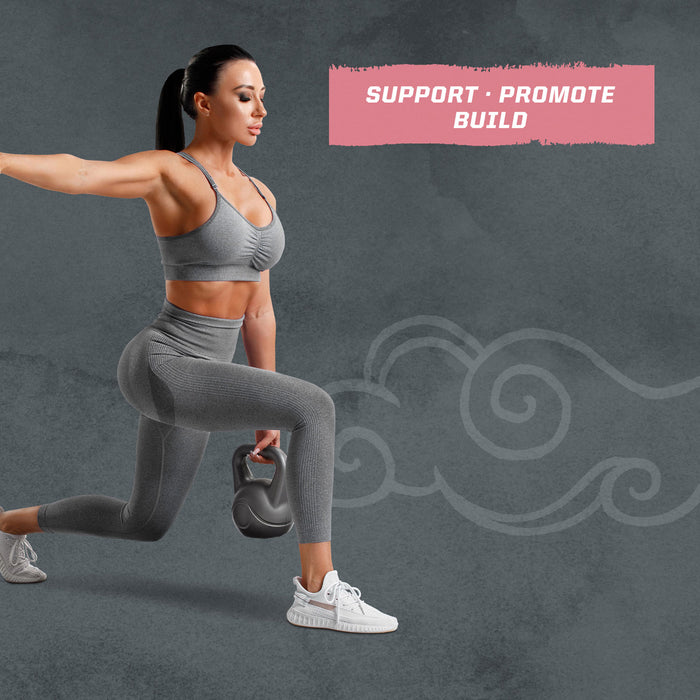 Fit woman in gray workout clothes performing a weighted lunge holding a kettlebell with motivational text