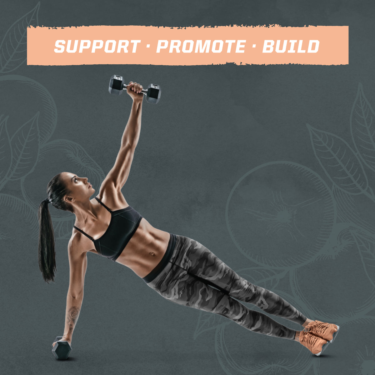 Fit woman in sportswear holding dumbbells in a side plank pose under 