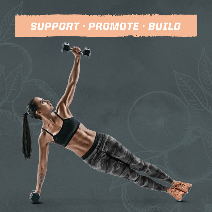 Fit woman in sportswear holding dumbbells in a side plank pose under 